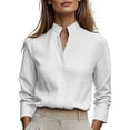thumbnail image 3 of VBVC Women's Cotton Linen Stand Collar Blouse , Ladies' Long Sleeve Business Casual Office Shirt , V Notch Formal Work Tops For Women,White,S-2XL, 3 of 7