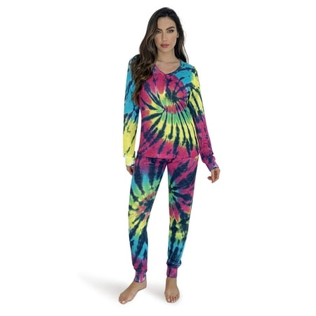 

#FollowMe Women s Printed Henley Thermal Underwear Set with Jogger Pant (Tie Dye Blue Brights Medium)