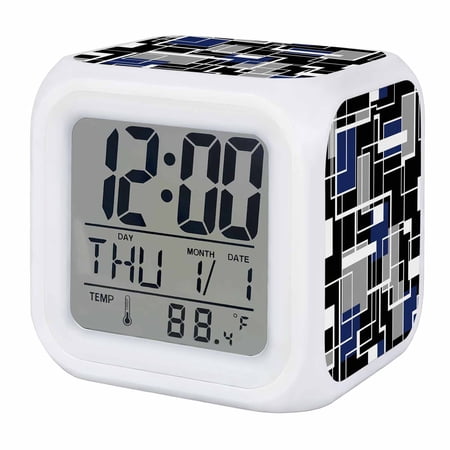 Alarm Clocks Navy Blue Geometric Digital Clock 7 Color LED Night Light Silent Non-Ticking Battery Operated Modern Art Square Lines Cube Clocks for Bedroom Bedside Living Room Office School