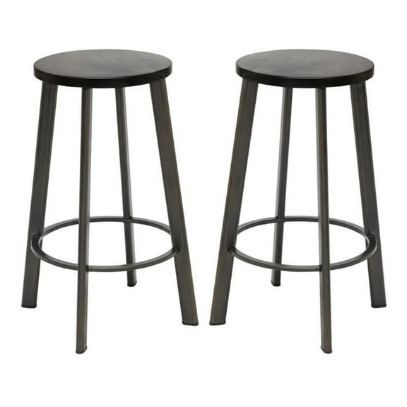 Home Square Metro 25" Round Wood Seat Counter Stool in Barnwood - Set of 2