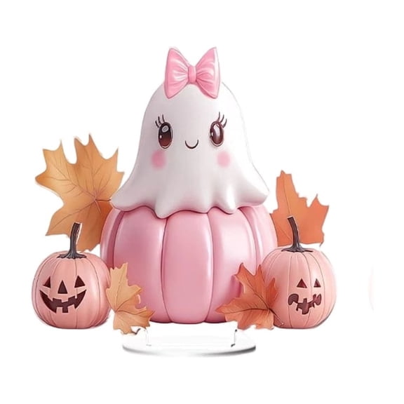 Pink Halloween Ghost Figurines Decor - Cute Kawaii Pastel Halloween Decor with Pumpkin, Small Resin Desk Statue Decorations for Desk Mantel Bedroom, Gifts for Women