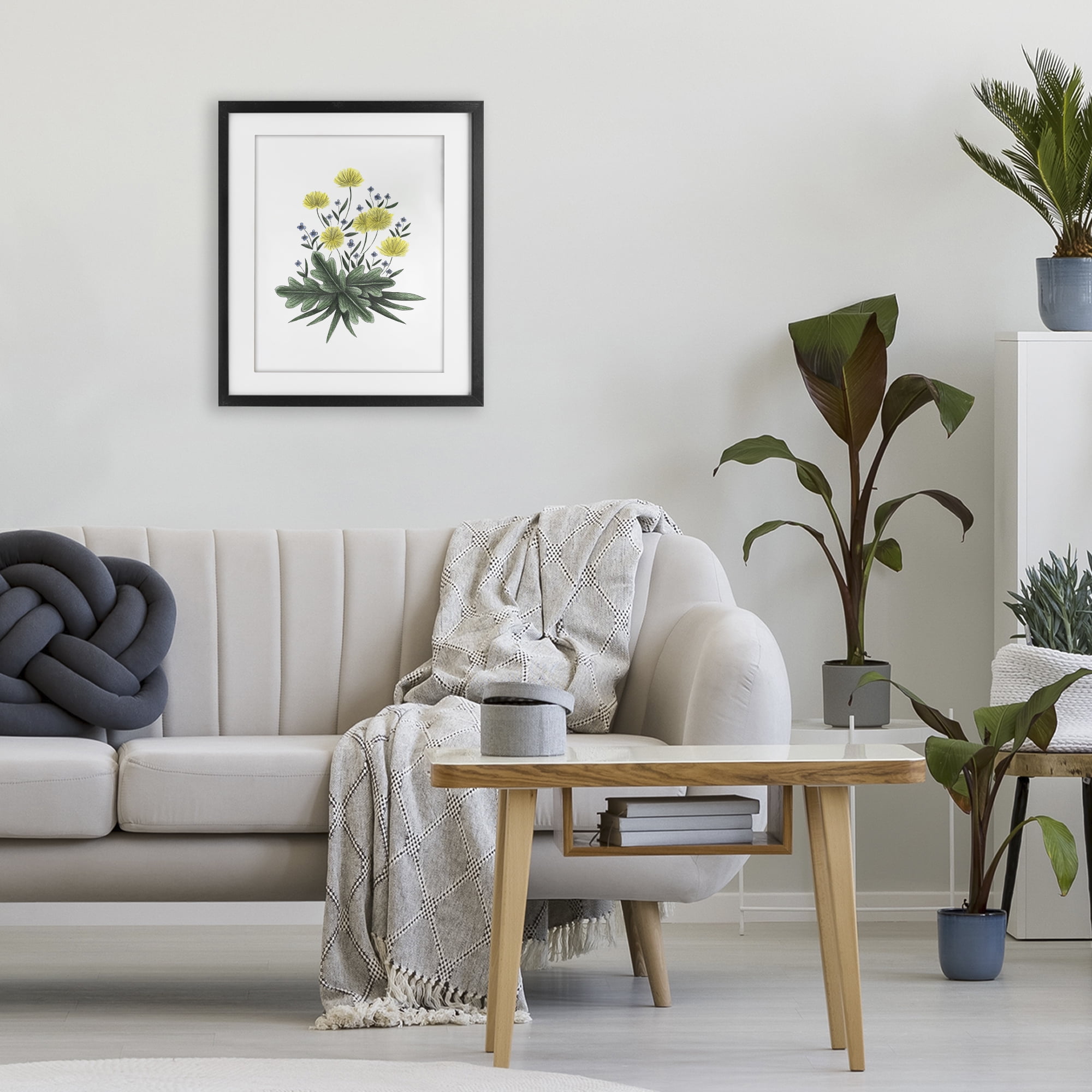 Dandelion Flower Illustration Black Framed Print Under Glass, design by Cecilia Battaini