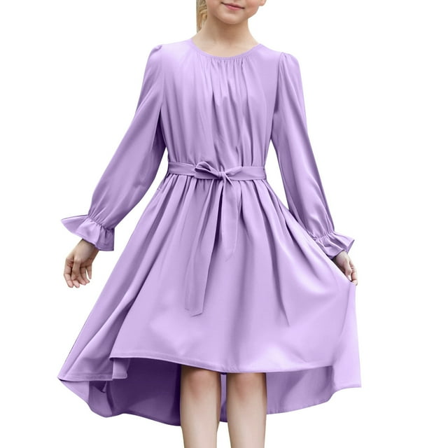 Robe Fille Enfant Manches Longues Robes de Printemps Filles Robe Évasée à Volants Robe Violette Légère Robes Longues pour Filles