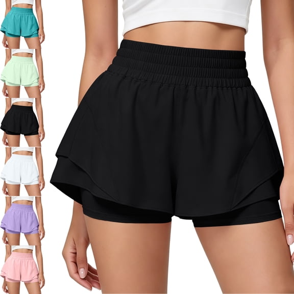 Nestiefly Running Shorts for Women 2 in 1 High Waisted Quick Dry Butterfly Flowy Athletic Gym Yoga with Pockets Light Purple L