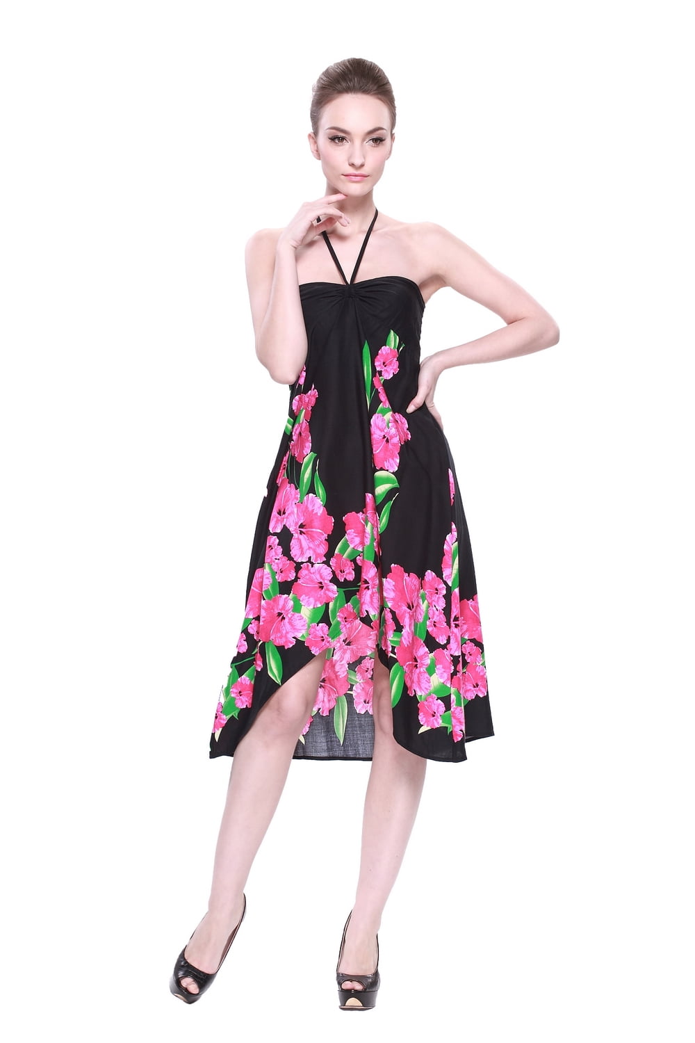 LLJ Hawaii Women's Hawaiian Butterfly Dress in Black with Pink Hibiscus