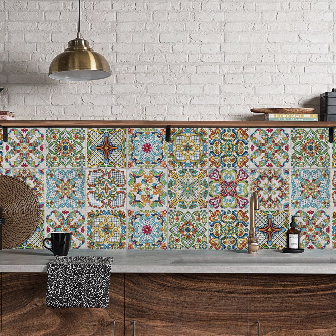 24Piece Self Adhesive Tiles Wall Stickers Waterproof Decals 7.87" x 7.87" DIY Decor Multicolor Flowers Peel and Stick Kitchen Backsplash