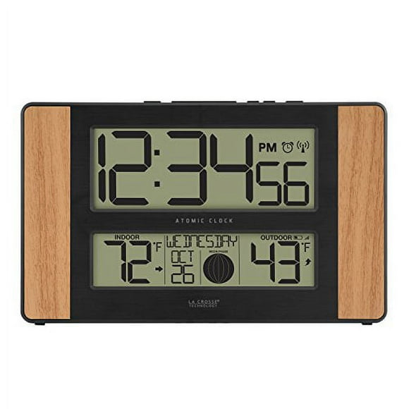 La Crosse Technology 513-1417 Atomic Digital Clock with Outdoor Temperature, Oak Finish