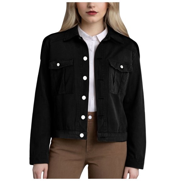 Juosiy Womens Autumn and Winter Trendy Short Denim Jacket Casual Lapel Solid Color Long Sleeve Button Outwear with Pockets
