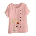 thumbnail image 4 of VEKDONE Womens Plus Size Mexican Shirts Floral Graphic Tees Summer Short Sleeve Crewneck Linen Blouse Casual Loose Fit Button Pullover Top Fashion Clothes Pink XXL, 4 of 5