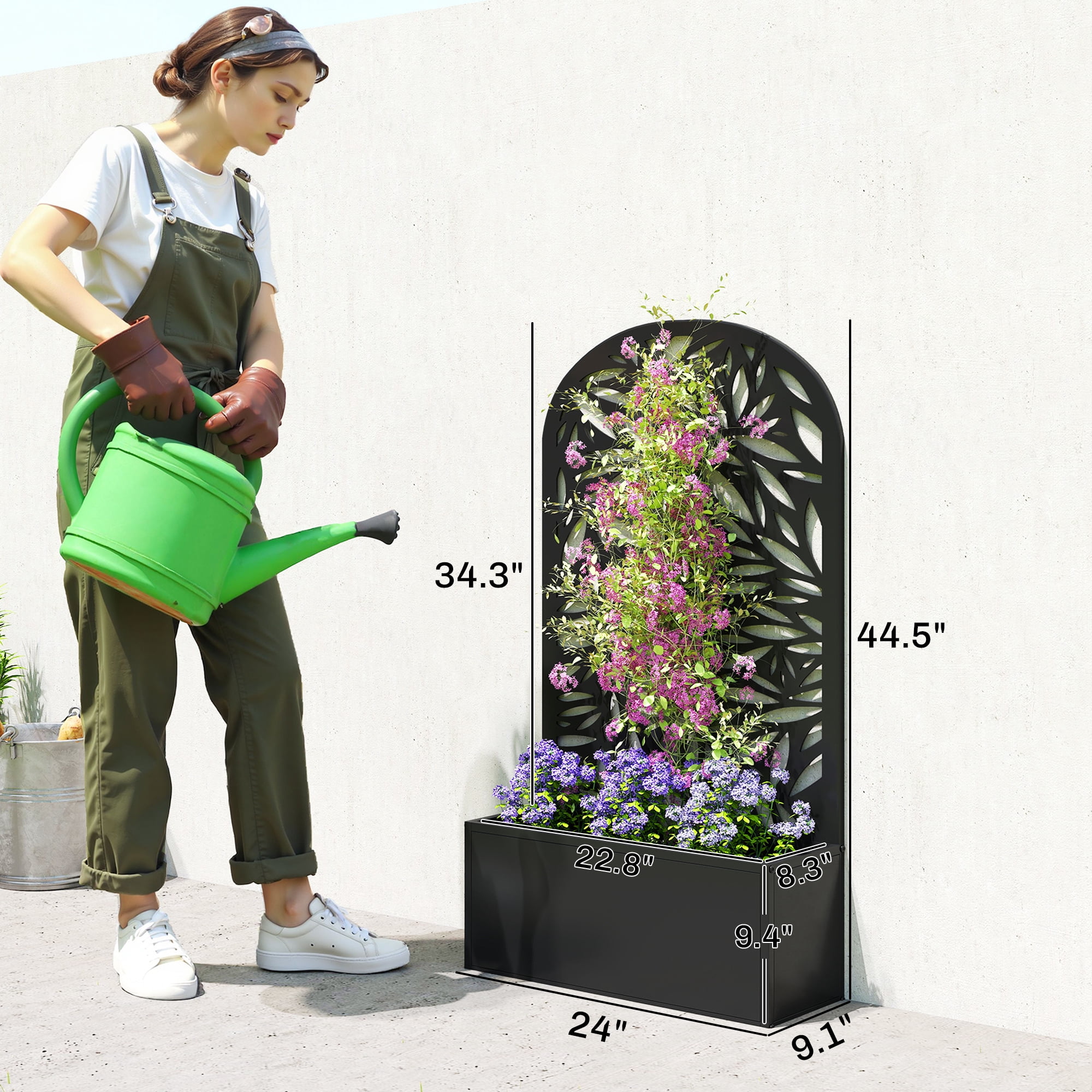 Outsunny Metal Raised Garden Bed with Trellis, Freestanding or Wall Mounted Raised Flower Bed with Curved Privacy Panel for Garden, Patio, Balcony