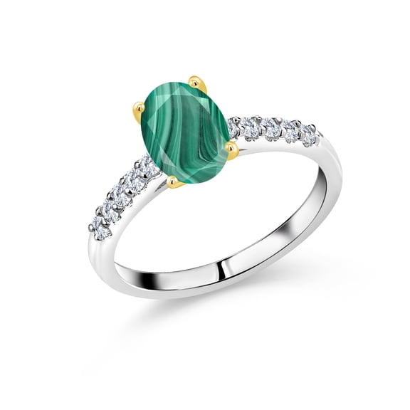 Gem Stone King 2.70 Ct Green Malachite E-F Lab Grown Diamond 925 Silver and 10K Yellow Gold Ring (Size 5)