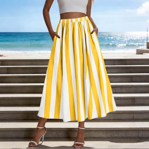 Cxenplz Womens Summer Striped Maxi Skirts A-Line Elastic Waist Flowy Skirt Beach Vacation Outfits