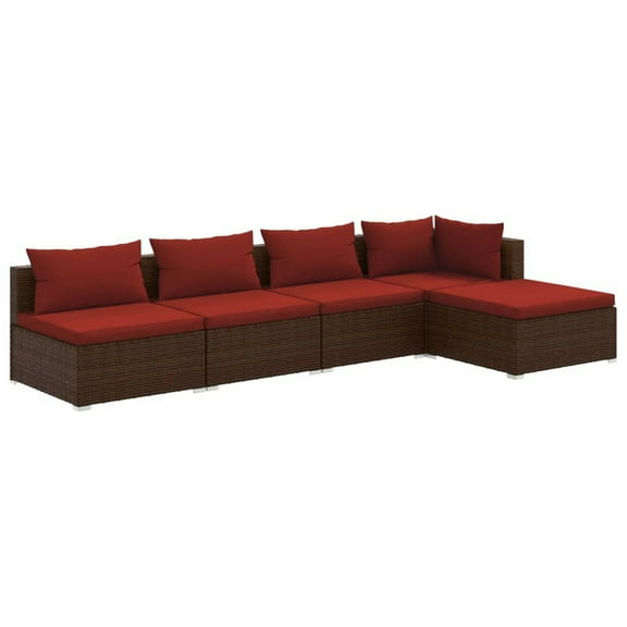 5pc Outdoor Modular Sectional Sofa Set, Red Cushions, Brown Rattan