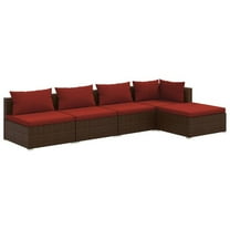 5pc Outdoor Modular Sectional Sofa Set, Red Cushions, Brown Rattan