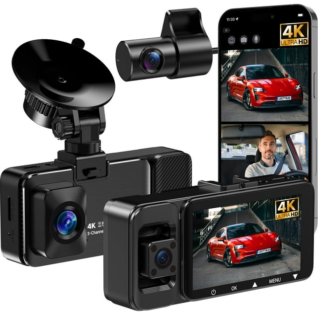 Dash Cam LECTRUS 4K de 3 canales, WiFi frontal, interior y trasero, 64 GB