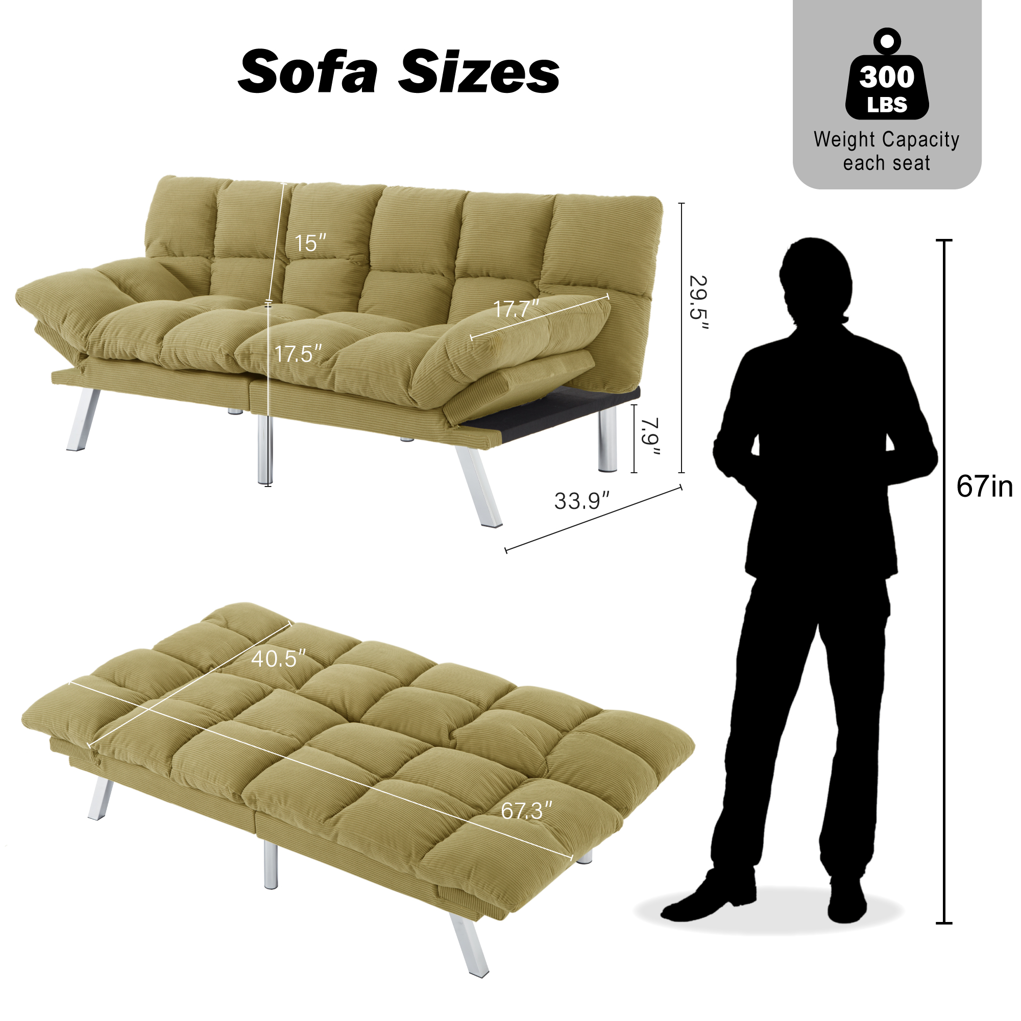 Gewnee 67.3” Corduroy Futon Sofa Bed, Convertible Twin Sleeper with 3-Position Adjustable Backrest for Living Room, Office, or Guest Room (Yellow)