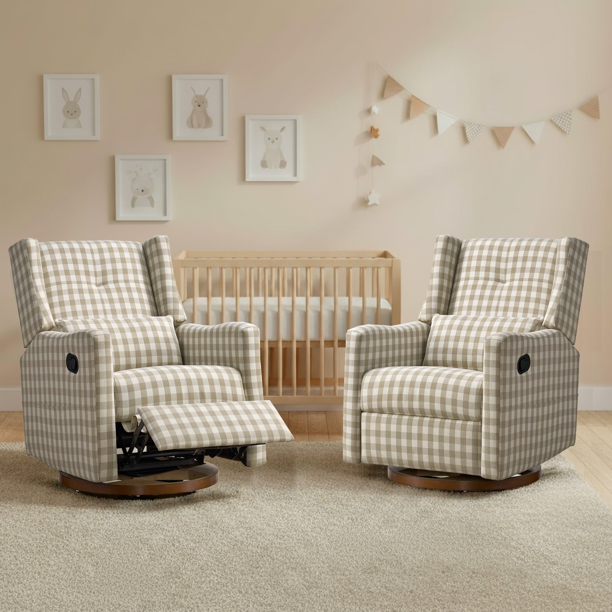 Spruce & Spring Manual Swivel Glider Recliner with Storage Pocket, Beige Gingham