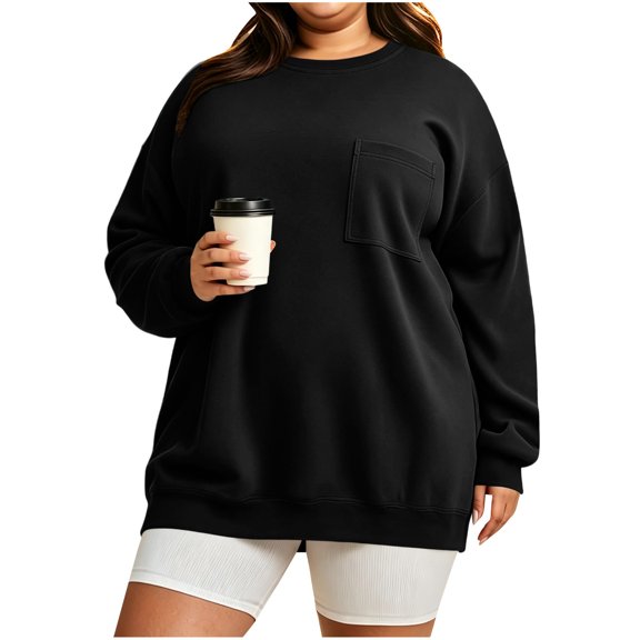 Binmer Women’s Plus Size Crew Neck Long‑Sleeve Sweatshirt, Oversized Casual Solid Color Pullover Top with Front Pocket,Sizes L-5XL