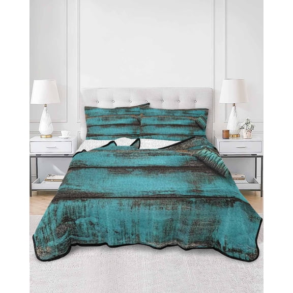 Quilts King Size, Teal Brown Wood Soft Comforter Bedding Set for Bed, Vintage Chic Shabby Plank Lightweight Quilted Bedspread with Pillow Cover(2 Pieces) for All Season, 96x106 Inch