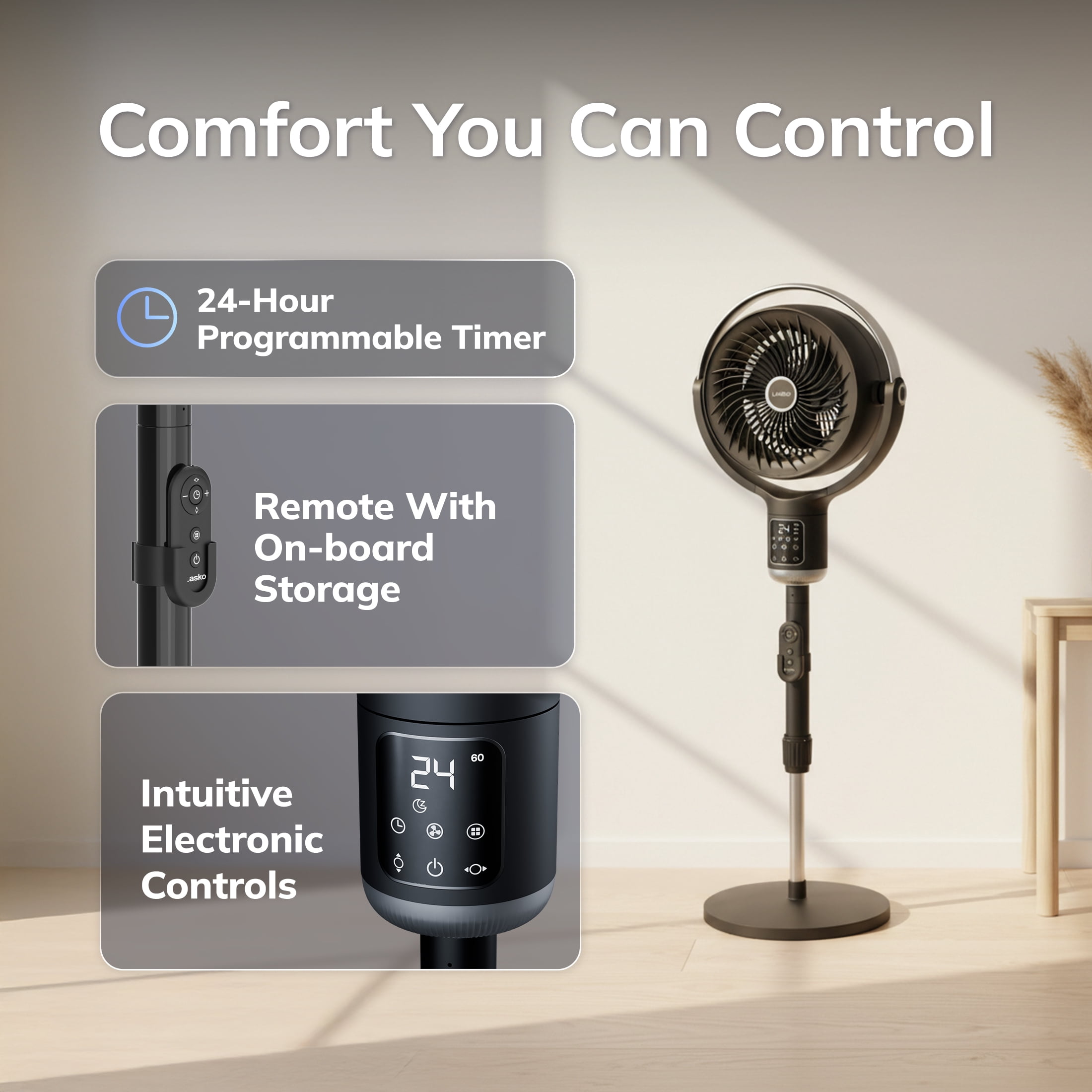 Lasko Whirlwind 7" Quiet Oscillating Pedestal Fan with Remote, DC Motor, 24 Speeds, Orbital Motion for Bedroom Cooling, Black, APDC302