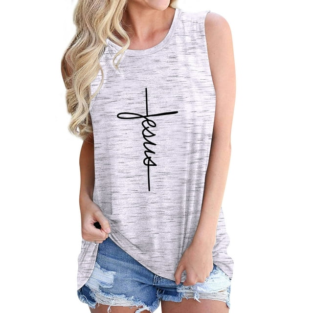 Women'd Round Neck Jesus Letter Printed Pullover Tank Top