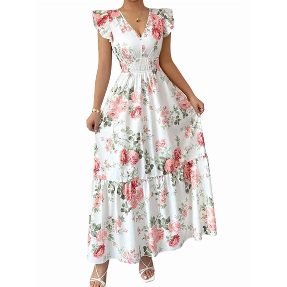 Elegant Womens Floral Print Hem Long Maxi Dress Summer Casual Boho Chic Beach Party Evening Gown White S