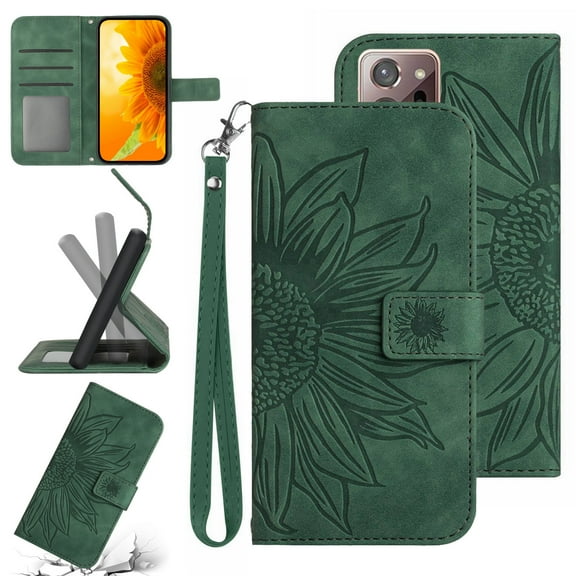 Feishell Slim Wallet Case for Samsung Galaxy Note 20 Ultra,for Men Women,Sunflower Embossed Pattern PU Leather Flip Cover Magnetic Closure Folio Card Slots Kickstand Phone Case with Hand Strap,Green