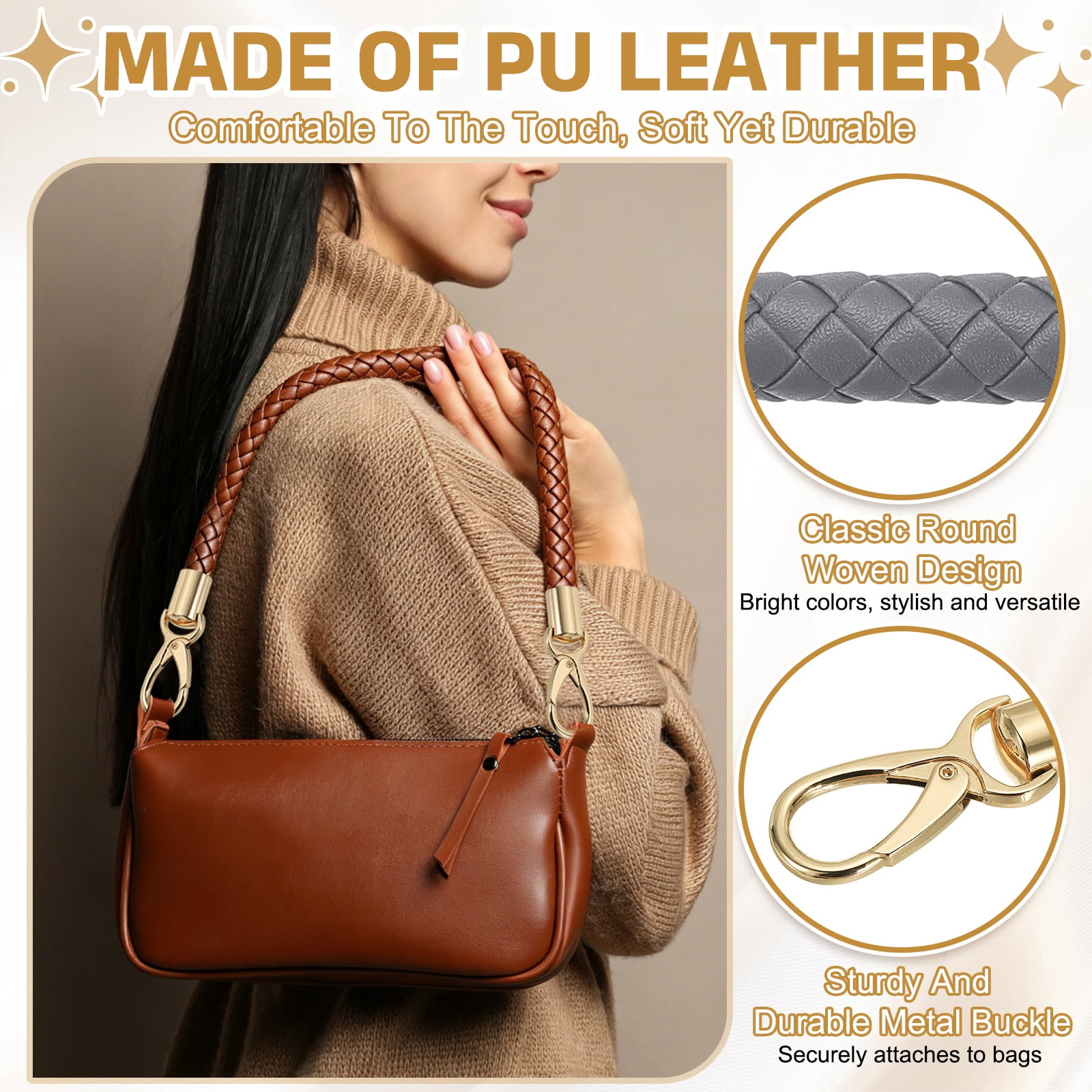 Uxcell 2 Pcs Braided Purse Strap, 65cm 25.6" PU Leather Shoulder Purse Strap for Handbag Bag Handle Replacement for DIY Making Handbag Underarm Bag, Dark Gray (Light Gold Buckle)