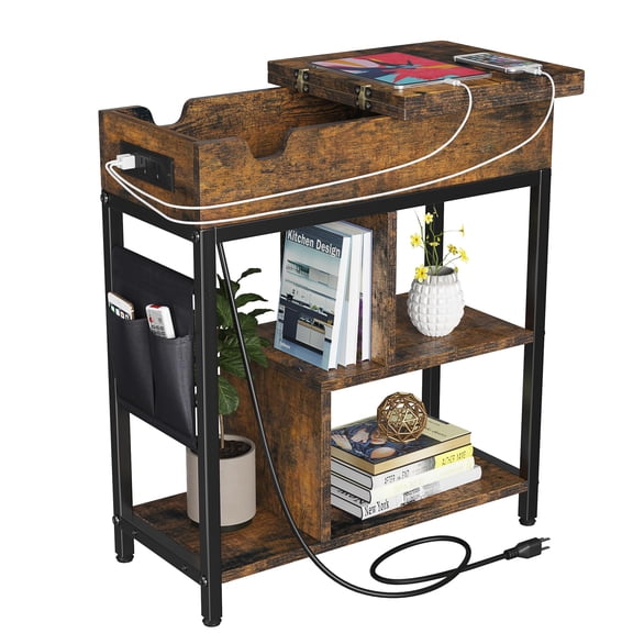 Luku End Table with Charging Station, Flip Top Side Table with USB Ports and Outlets, Sofa Table with Storage Shelves, Bedside Table for Small Space, Brown