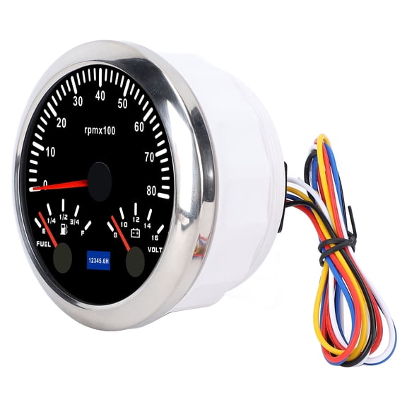 BIMZUC 3 in 1 85mm / 3.35 inches Marine Boat Tachometer Gauge DC 9-32V 8000RPM Voltmeter Fuel Level 7 Color LED Backlight, Black Dial Silver Bezel