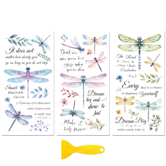 3 Sheets 3 Styles PVC Waterproof Decorative Stickers Self Adhesive Floral Decals Dragonfly 300x150mm 1 sheet/style