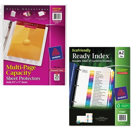 5 1 2 X 8 1 2 Page Protectors Avery Diamond Clear Multi-Page Capacity Sheet Protectors 74171, Acid Free, 25/Pack and Avery EcoFriendly Ready Index Table of Contents Divider, Multicolor A-Z, 11 x 8-1/2 Bundle ()