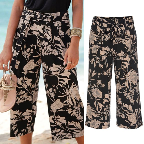 KDFJPTH Floral Print Wide Leg Pants for Women, Elastic Waist Black and Beige Casual Beach Trousers Black L