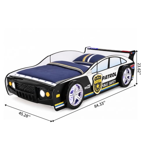 Supreme Energy Twin Size Kids Racing Car Bed with LED Wheel Lights and Headlight Accents, Floor Bed Frame with Full-Length Guardrail and Wood Slats