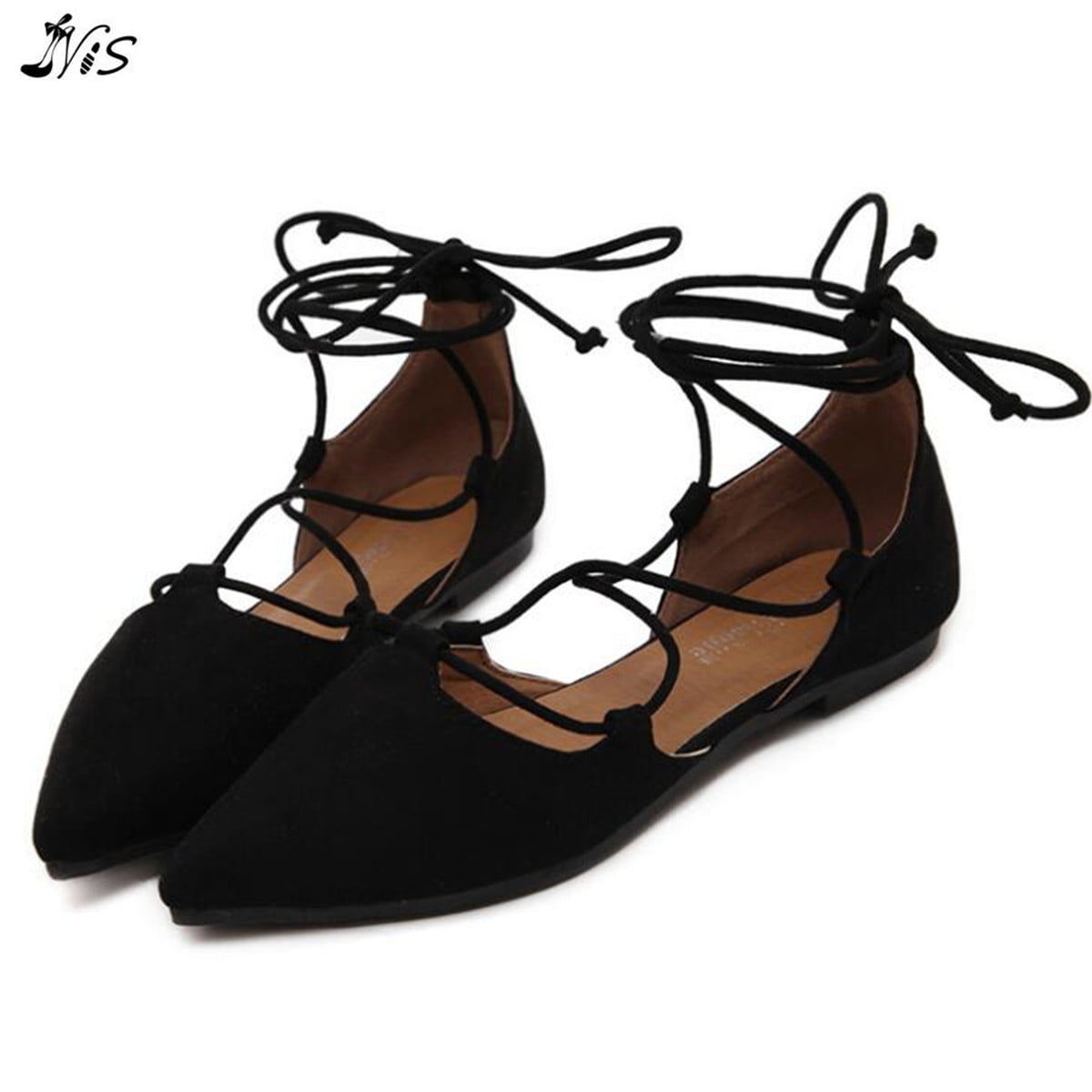 Nis - NIS Women's Ballet Straps Lace Up Flats Suede Pointy Toe Shoes ...
