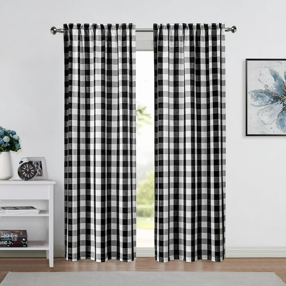 AIR-90 Inches Long Black White Gingham Farmhouse Curtain Panels,Rustic Buffalo Plaid Drapes Rod Pocket Top,Light Filtering with Privacy Window Treatment for Bedroom Living Room,40" Wx90 Lx2