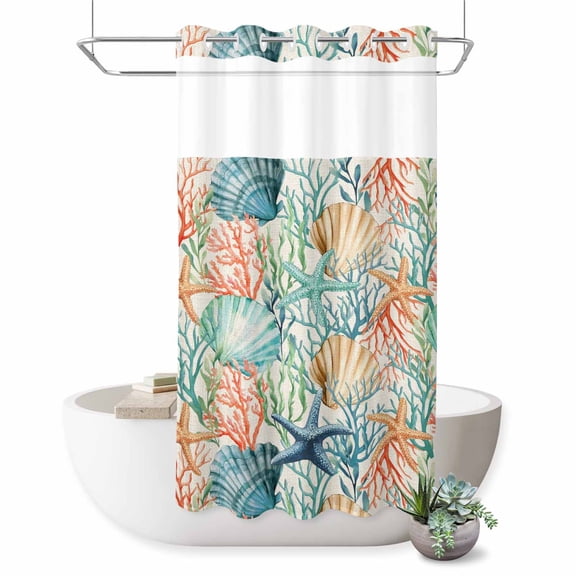 No Hook Shower Curtain, Coastal Beach Shower Curtains for Bathroom with See Through Top Window, Nautical Summer Coral Starfish Shell Waterproof & Washable Bath Curtain Narrow 54"x78"
