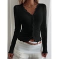 thumbnail image 4 of Womens Cardigan Sweaters Lace Ruffle Trim V Neck Long Sleeve Button Front Ribbed Knit Cute Fitted Crop Tops Black XXL, 4 of 9