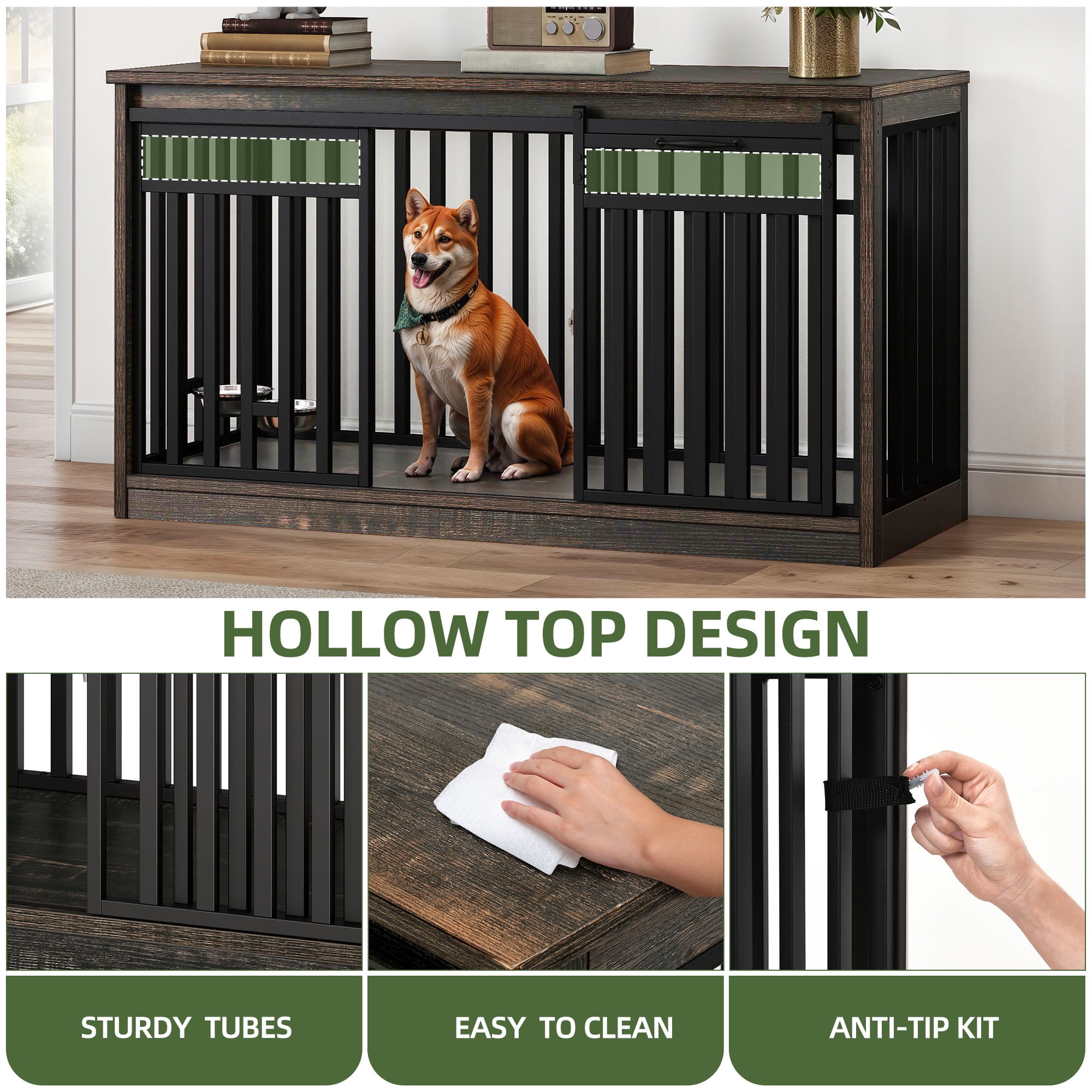 Uforic 55.1 Inch Dog Crate Furniture for Large Dogs,Indoor Furniture Style Wooden Large Dog Kennel TV Stand Sliding Doors -Black Oak