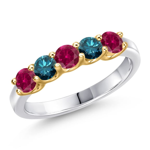 Gem Stone King 925 Silver and 10K Yellow Gold Red Created Ruby and Blue Diamond Wedding-Bands Ring for Women | 1.05 Cttw | Round 3.5MM | Gemstone July Birthstone | Size 9