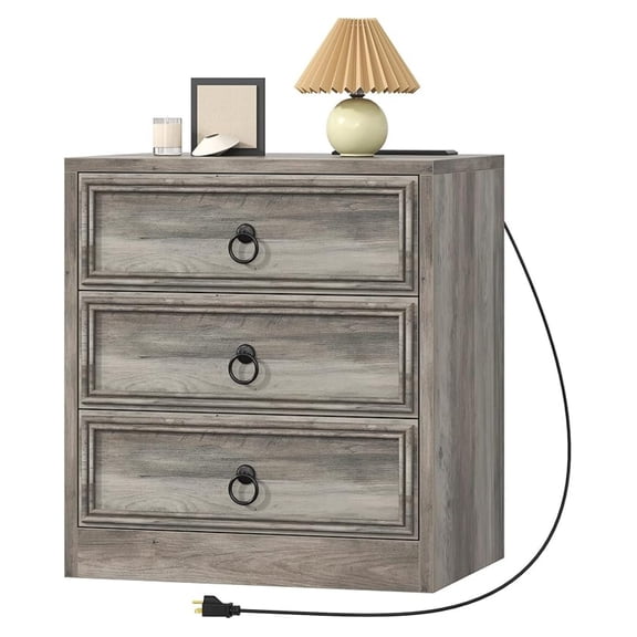 Farmhouse Nightstand with Charging Station, 21.7" Wide End Table with 3 Drawers, Grey Wood Side Table, Bedside Table for Bedroom, Living Room, Sofa
