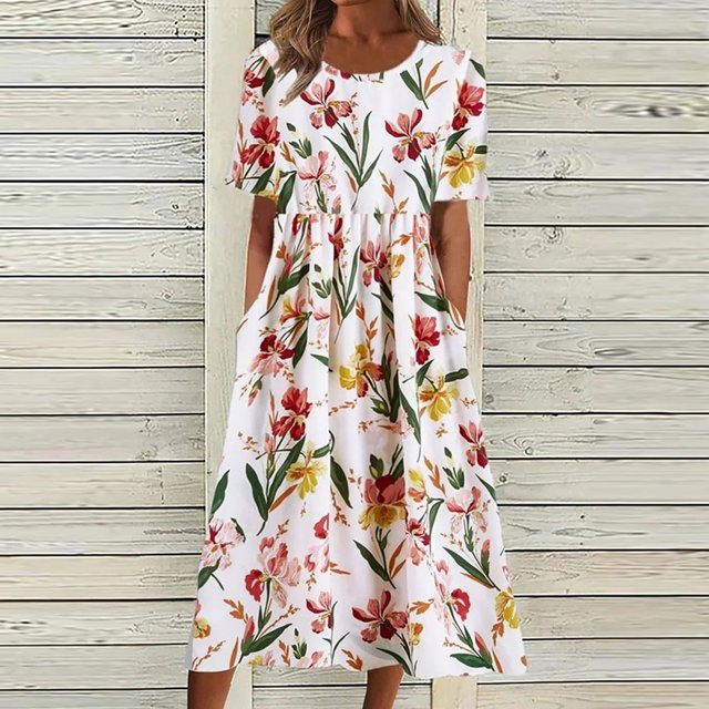 AMERTEER Robes Midi pour Femmes Été Décontractées Amples Bohèmes à Imprimé Floral Col Ras du Cou Manches Courtes Longueur Genou Robe Froncée avec Poches