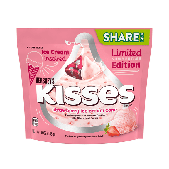 HERSHEY'S, KISSES Strawberry Ice Cream Cone flavored Candy, Share Pack, 9 oz, Bag