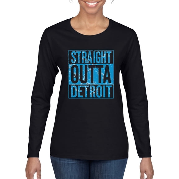 Wild Bobby, Straight Outta Detroit DET Fan Fantasy Football, Sports, Women Graphic Long Sleeve Tee, Black, Small