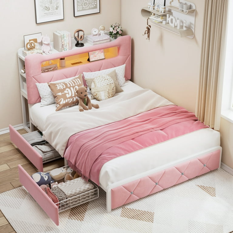 Anyact Full Bed Frame, Pink, 2-Tier Storage Headboard  display picture 2