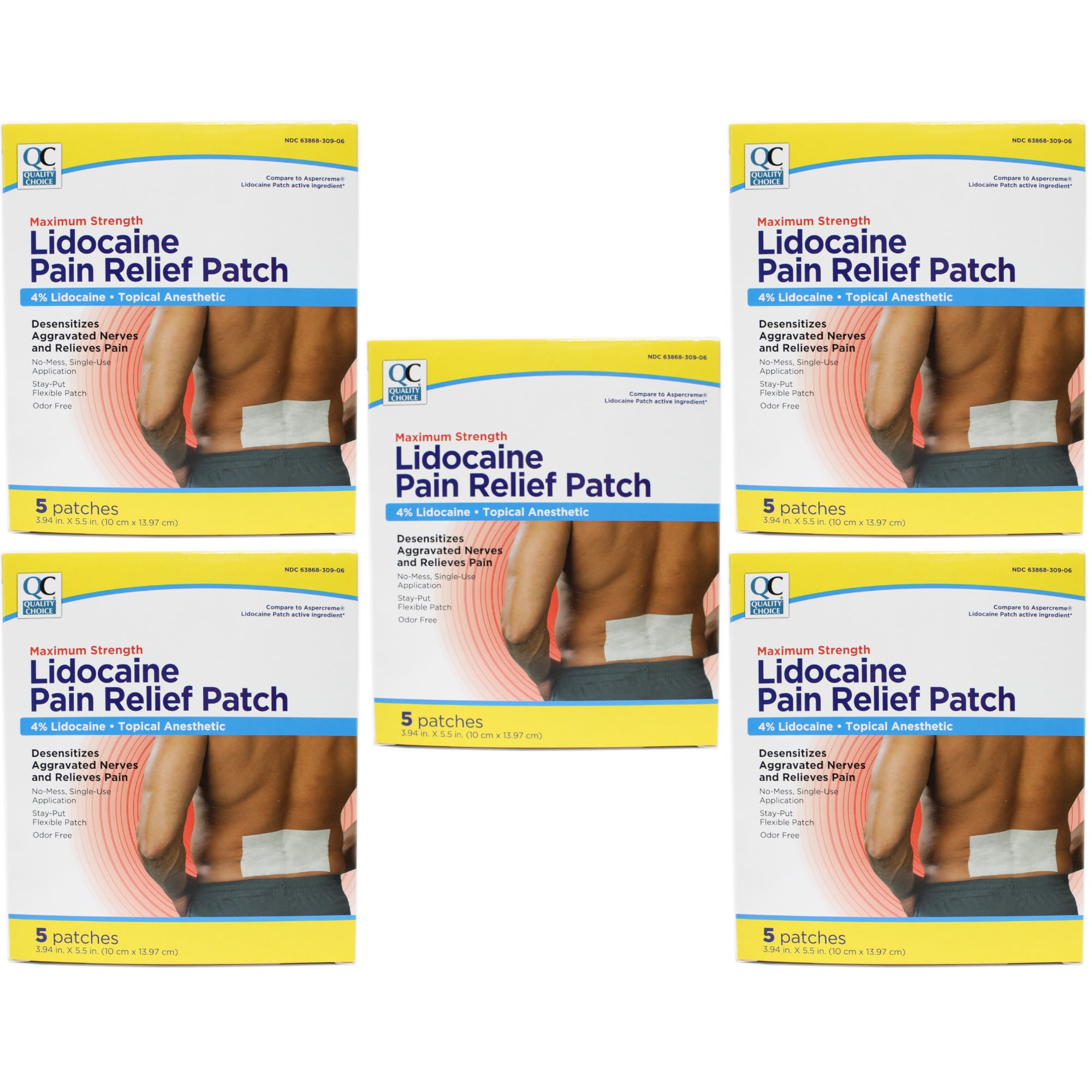 Quality Choice Maximum Strength Lidocaine Pain Relief Patch 4% Lidocaine 5 Patches 3.94x5.5 inches Pack of 5