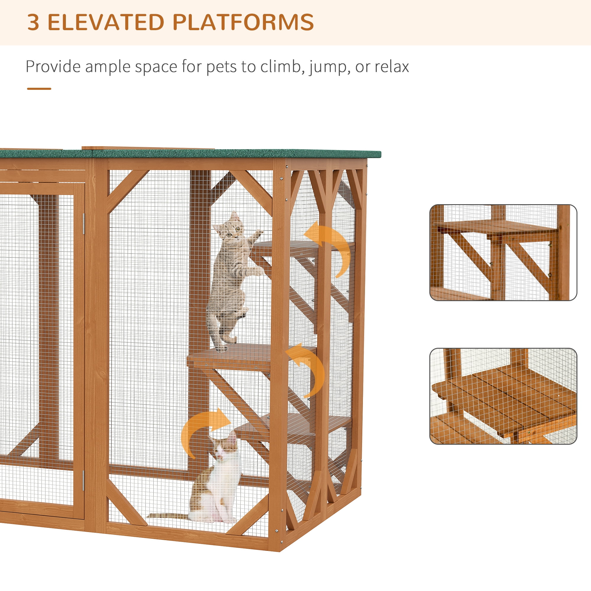 PawHut Outdoor Cat House, Catio Wooden Feral Cat Shelter, Cat Cage with Platforms, Large Enter Door, Weather Protection Asphalt Roof, 71" L, Orange
