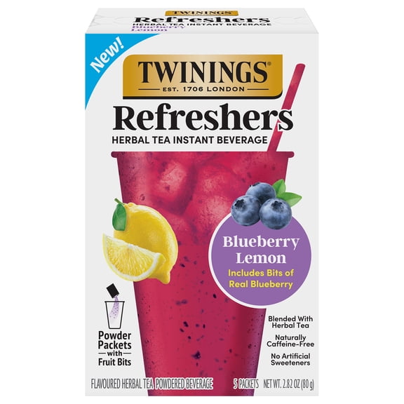Twinings Refreshers Blueberry Lemon Herbal Tea Drink Mix, Naturally Caffeine Free, 5 Packets