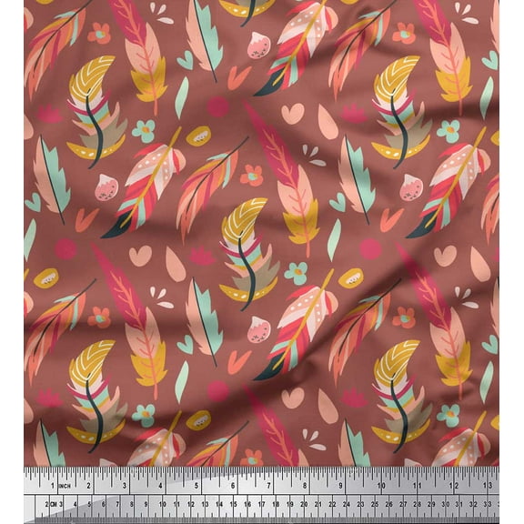 Soimoi Brown Cotton Duck Fabric Artistic Feather Printed Fabric 1 Yard 42 Inch Wide