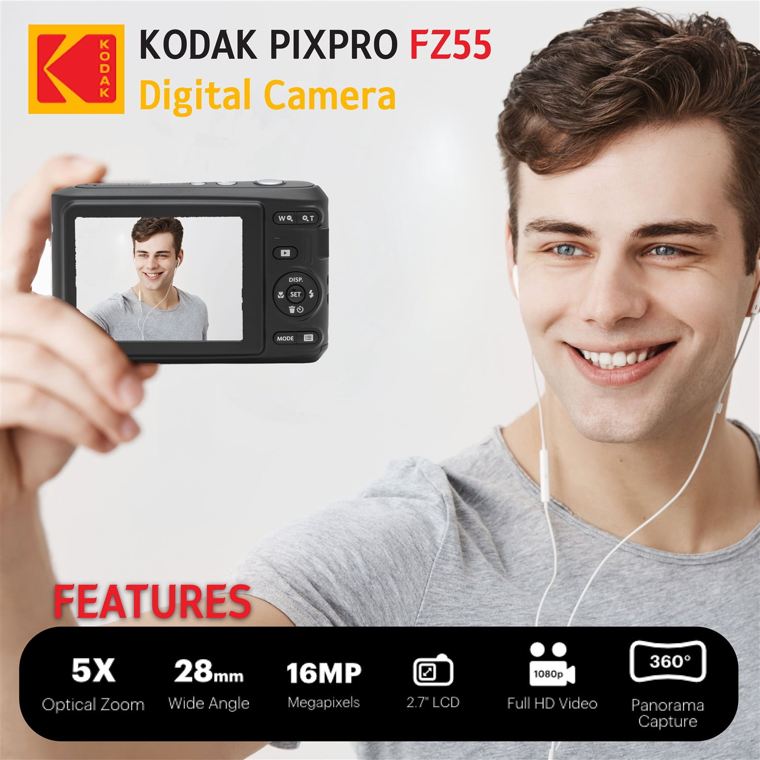 KODAK PIXPRO FZ55 (Black) 16MP Digital Point & Shoot Camera, 5X Optical Zoom, 28mm Wide Angle, 1080P Full HD Video, Bundle with 32GB SD Card, Protective Case, and Hi-Speed Card Reader